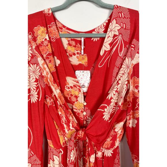Free People Mixed Print Twist Dress in Red Combo Medium Midi Floral Chic NWT - Picture 4 of 13